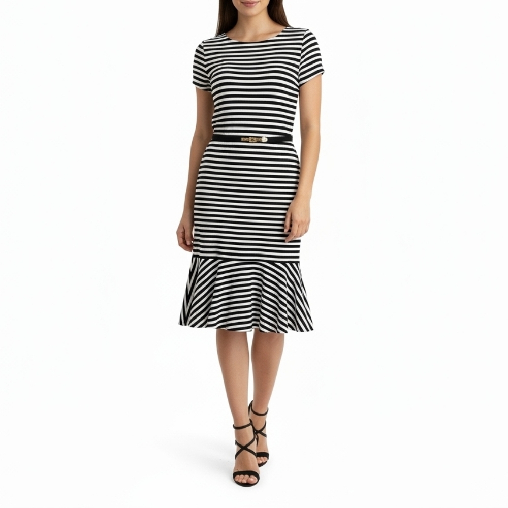 Lauren Ralph Lauren Striped Flounce Hem Belted Midi Dress‎ Black White M